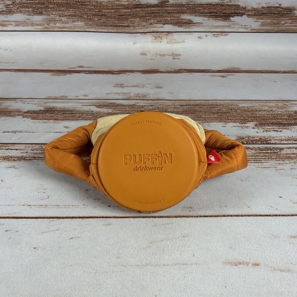 Puffin Drinkwear Can Bottle Koozie Puffer Winter Coat Brown Beige - Picture 3 of 3